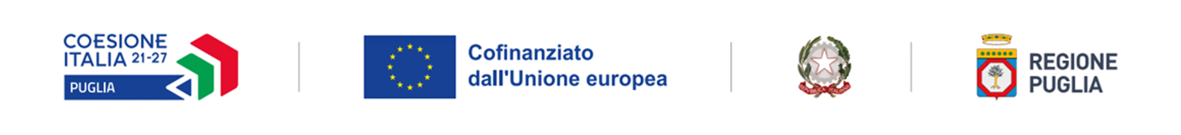 Loghi istituzionali di co-finanziamento: Coesione Italia 21-27 Puglia, Unione Europea, Repubblica Italiana e Regione Puglia